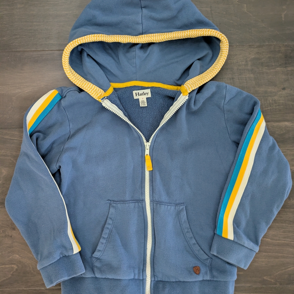 Hatley Blue Hoodie with Yellow Trim and Multi-Stripe Sleeves - Kids